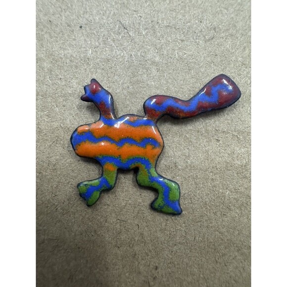 Vintage Enamel Copper Tree Frog Pin Brooch Orange Green Blueish Purple Red - Picture 1 of 3